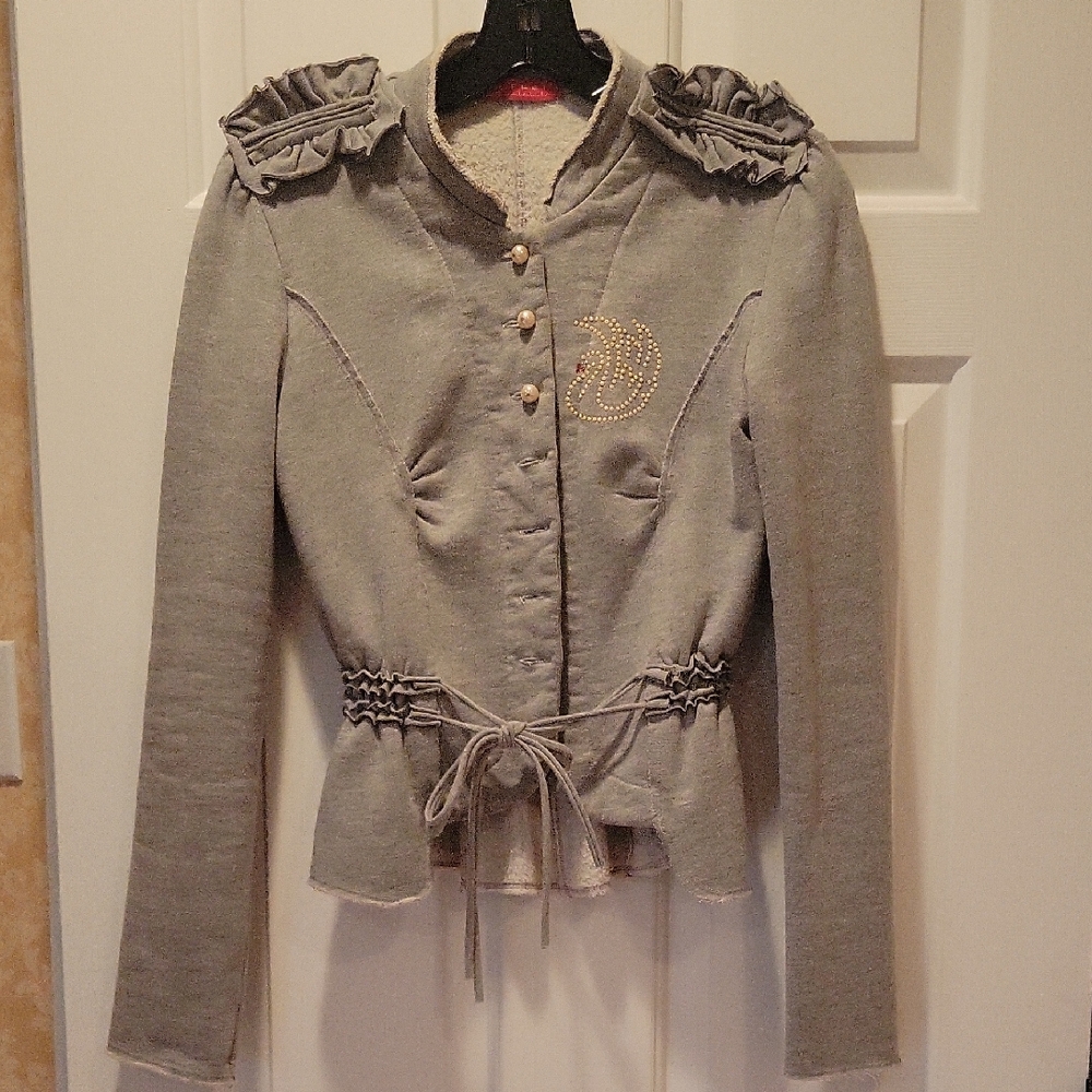 10 Feet Gray Ruffled Shoulder Tie-Waist Cardigan